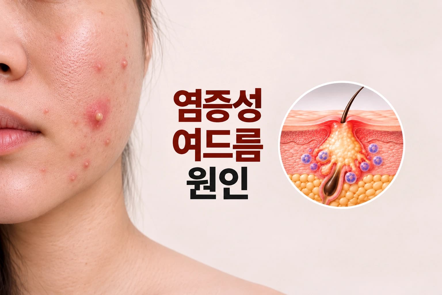 염증성 여드름이 발생한 피부 모습과 모낭 내부의 피지 축적 및 염증 반응을 함께 보여주는 썸네일